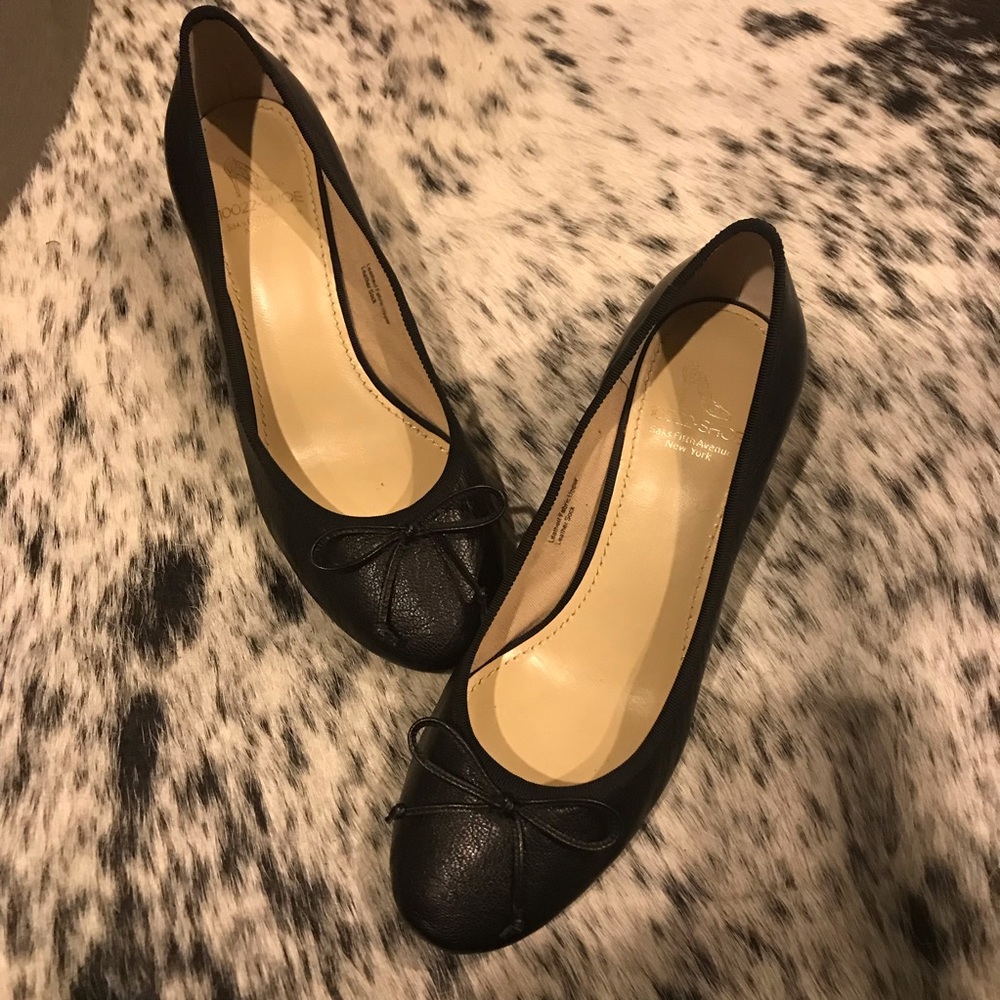 Saks Black Brina Leather Wedge Pumps 7